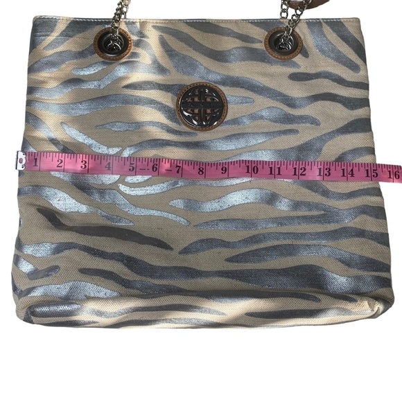Kate Landry Silver Zebra Print Woven Tote with Chain and Leather Straps - Picture 9 of 14